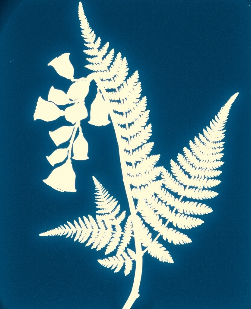Botaniczna kompozycja w stylu cyjanotypii
