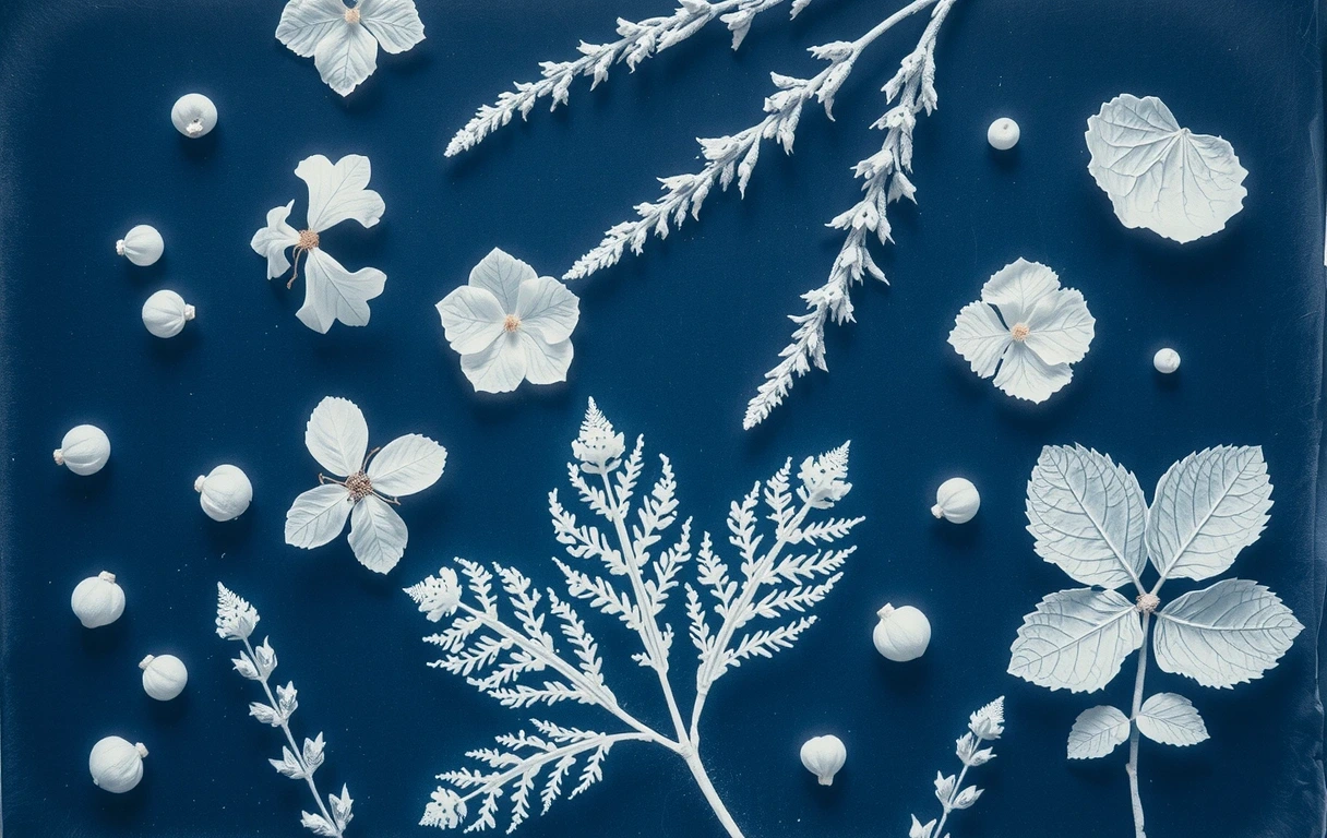 Botaniczna kompozycja w stylu cyjanotypii